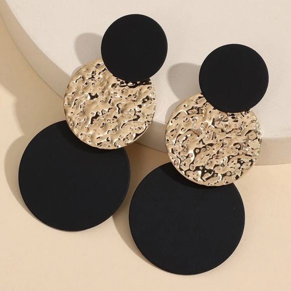Restock- Black and Gold Round Drop Earrings - Picture 5 of 5